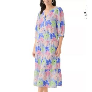 NWT Mary Square Cameron Dress Large Pink Green Floral Tiered Midi New Pockets‎